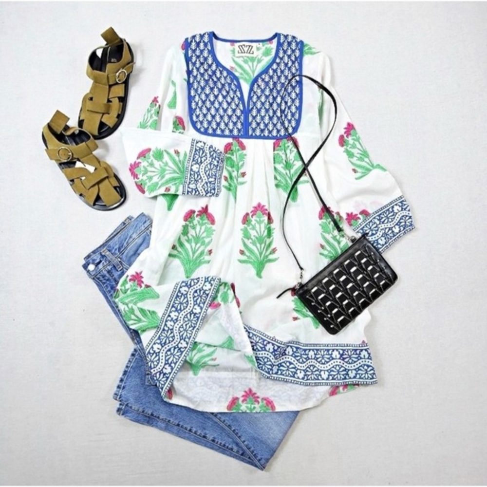 SZ Blockprints Womens Multicolor Floral 3 Quarter Sleeves A Line Dress Small